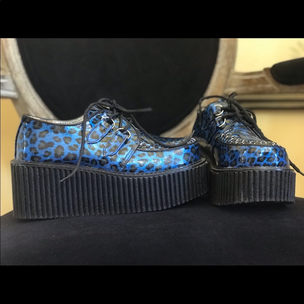 Blue Demonia Platform Creepers - Leopard Sparkle